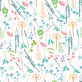 Pattern with wild flowers, fern, leaves, lavender and meadow herbs