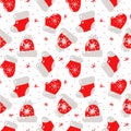 Pattern with winter elements. Cute and cozy seamless banner with red hats, mittens and socks on a white, with red Royalty Free Stock Photo