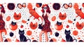 A pattern of a woman in red and black with cats, AI