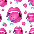 Pattern of womens enjoying fresh strawberry. Open mouth, pink lips, eating berry. flat vector illustration