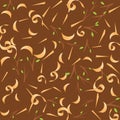 Pattern of wood shavings, small particles, sawdust, branches with leaves.