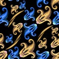 A pattern of yellow and blue bells on a black background.