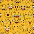 Pattern of yellow emojis with various expressions, including laughing, crying, winking, Royalty Free Stock Photo