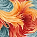 Pattern of yellow, orange, and blue feathers in aggressive digital illustration style (tiled)