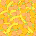 Pattern of yellow oranges, bananas and peaches, vector illustration