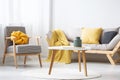 Patterned armchair next to settee with yellow blanket in flat interior with wooden table. Real photo Royalty Free Stock Photo