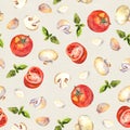 Patterned background with vegetarian vegetables: tomatoes, mushrooms, garlic and basil