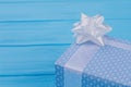 Patterned blue gift box, close up. Royalty Free Stock Photo