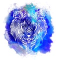 Patterned colored head of the lion. African, indian, totem, tattoo design. It may be used for design of a t-shirt, bag, postcard Royalty Free Stock Photo