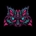 Patterned colored head of the owl on black. African / indian / totem / tattoo design. Royalty Free Stock Photo