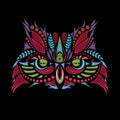 Patterned colored head of the owl on black. African / indian / totem / tattoo design Royalty Free Stock Photo