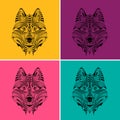 Patterned colored head of the wolf. Pop art style vector illustration.