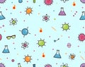 Playful science-themed doodle pattern with flasks, atoms, sun shapes, and fire on light blue background for Chemist\'s Day. Royalty Free Stock Photo