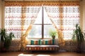 patterned drapes hanging over a large window