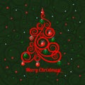 Patterned florid Christmas tree on a green background and the words Merry Christmas. Sample of the poster, party