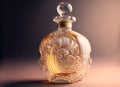 Patterned glass transparent perfume bottle with gold edging and copyspace.