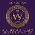 Patterned gold letters and numbers with initial monogram. Elegant patterned font and elements kit for logo design Royalty Free Stock Photo