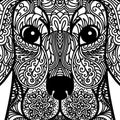 Patterned head of dog. Tattoo design. Coloring page. It may be used for design of a t-shirt, bag, postcard, a poster and so on