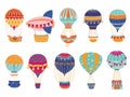 Patterned hot air balloons. Vintage flying transport, decorative bright colorful objects, retro romantic travelling