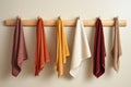 Patterned Kitchen colorful towels hanging on rack. Generate AI