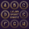 Patterned monogram kit. Golden letters and ornamental round frames for creating initial logo in vintage oriental style