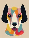 Patterned multicolor simple portrait of a dog. Multicolor ornamental dog head. AI-generated