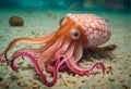 Patterned orange octopus with red tentacles resting on sandy floor. AI Generated Royalty Free Stock Photo