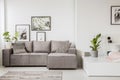 Patterned pillow on grey corner sofa in living room interior wit