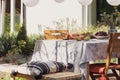 Patterned pillow on wooden bench at table with fruits on the terrace of house with plants Royalty Free Stock Photo