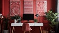 Patterned poster on table with computer monitor in red home office interior with plants Royalty Free Stock Photo