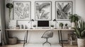 Patterned posters above desk with computer monitor in grey home office interior. AI Generative Royalty Free Stock Photo