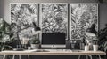 Patterned posters above desk with computer monitor in grey home office interior. AI Generative Royalty Free Stock Photo