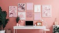 Patterned poster on table with computer monitor in Pink home office interior with plants Royalty Free Stock Photo