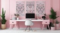 Patterned poster on table with computer monitor in Pink home office interior with plants Royalty Free Stock Photo