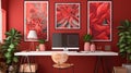Patterned poster on table with computer monitor in red home office interior with plants Royalty Free Stock Photo