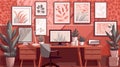 Patterned poster on table with computer monitor in red home office interior with plants Royalty Free Stock Photo