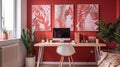 Patterned poster on table with computer monitor in red home office interior with plants Royalty Free Stock Photo