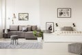 Patterned pouf and stool on carpet in apartment interior with co Royalty Free Stock Photo