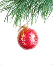 Patterned red ball on fir branch Royalty Free Stock Photo