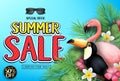 Patterned Summer Sale Text with Leaves, Flowers and Realistic Flamingo Together with Toucan Vector