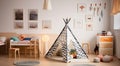 Patterned tent near stool in child\'s bedroom interior with posters on white. Generative AI Royalty Free Stock Photo