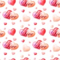 Seamless vector pattern for ValentineÃ¢â¬â¢s day with pink hearts and love text Royalty Free Stock Photo