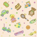 Seamless baby pattern with colorful toys, dolls, bunnies. Soft pastel color color palette - cute pattern for newborn babies Royalty Free Stock Photo