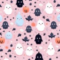 Halloween seamless pattern with cute ghosts, bats and pumpkins Royalty Free Stock Photo