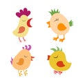 Four funny chicks icons set