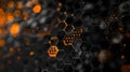 Patterns of hexagons with orange and black shapes on a dark background in a digital setting Royalty Free Stock Photo