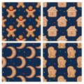 Patterns with Moon, House, Mitten and Gingerbread Man on Blue