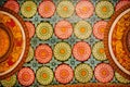 Patterns of the old paintings, flowers and colorful decor on wooden ceiling of Buddha ancient temple.