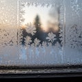 Patterns resembling ferns cover a window framing a blurred winter Royalty Free Stock Photo