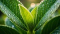 Patterns and textures of the leaves. The droplets reflect light creating Royalty Free Stock Photo